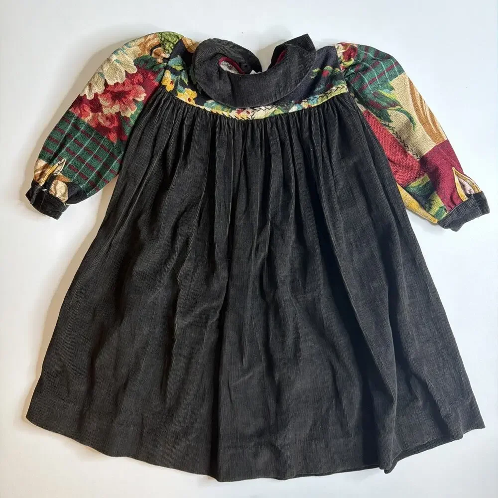 Vintage Traditions Pamela Kline Girls Dress Size 3T Corduroy Floral Cottagecore